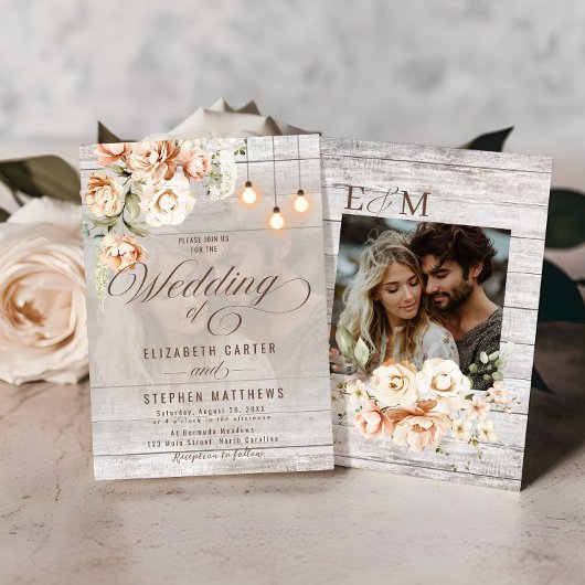 Invitation Rose florale rustique et Mariage rose pâle