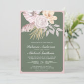 Invitation Rose Florale Verte Sage Rustique Code QR Mariage (Debout devant)