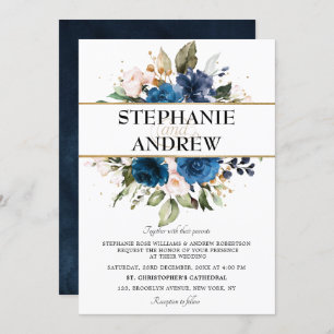 Invitation Rose flou bleu de la marine romantique Mariage flo