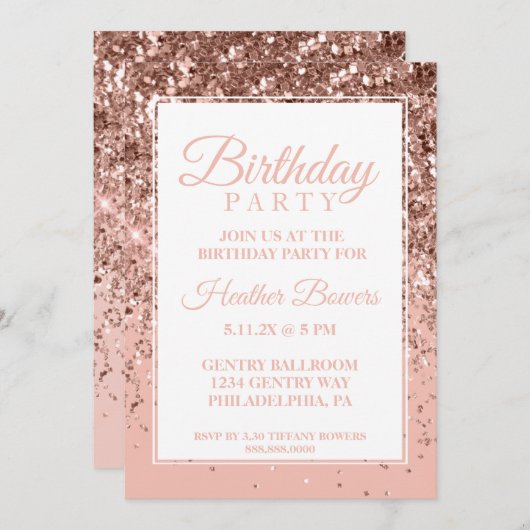 Invitation Rose foncé Parties scintillant or Anniversaire Inv (Devant / Derrière)