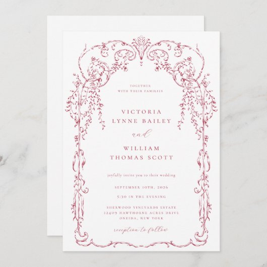 Invitation Rose foncé Victorian Frame Mariage (Devant / Derrière)