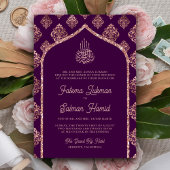 Invitation Rose foncé violet or Damask Arch Mariage musulman