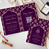 Invitation Rose foncé violet or Damask Arch QR Code musulman