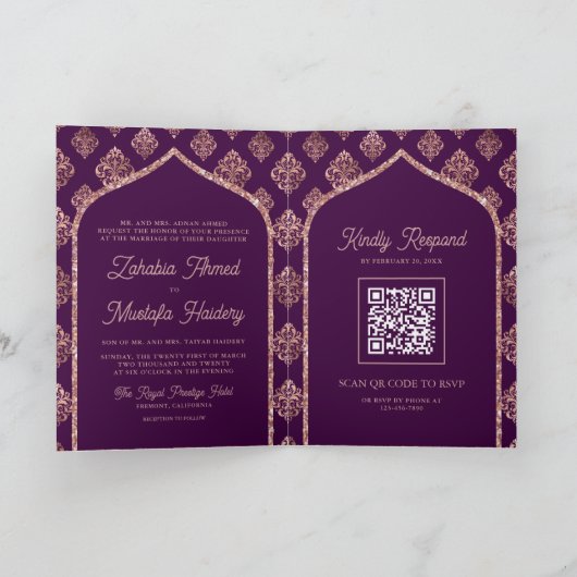 Invitation Rose foncé violet or Damask Arch QR Code musulman (Intérieur)