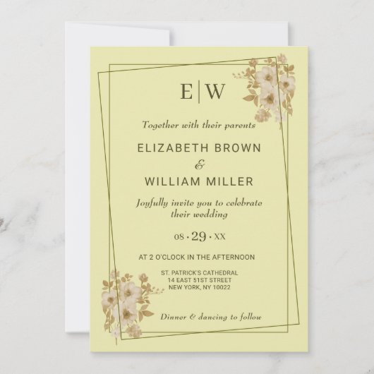 Invitation Rose Frame – Monogram Celestial Yellow Wedding (Devant)
