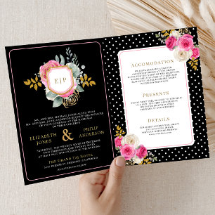 Invitation Rose Fuchsia Floral Tout en Un Crest Noir Mariage