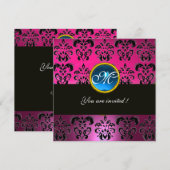 Invitation ROSE FUCHSIA NOIR DAMAS MONOGRAMME, saphir bleu (Devant / Derrière)