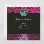 Invitation ROSE FUCHSIA NOIR DAMAS MONOGRAMME, saphir bleu (Dos)