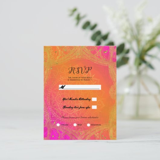 Invitation Rose Fuchsia Orange Doré Mandala Réponse Mariage (Debout devant)