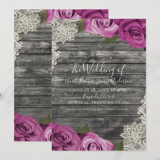Invitation Rose Fuchsia Profond Gris Bois Rustique Mariage De (Devant / Derrière)
