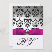 INVITATION ROSE FUCHSIA RIBBON ARGENT NOIR DAMASK MONOGRAM (Devant)