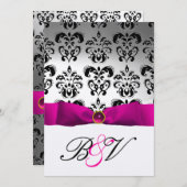 INVITATION ROSE FUCHSIA RIBBON ARGENT NOIR DAMASK MONOGRAM (Devant / Derrière)