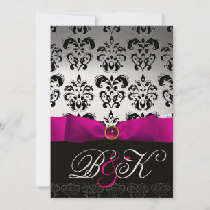 INVITATION ROSE FUCHSIA RIBBON BLANC BLACK DAMASK MONOGRAM