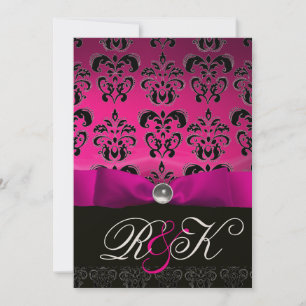 INVITATION ROSE FUCHSIA RIBBON BLANC BLACK DAMASK MONOGRAM