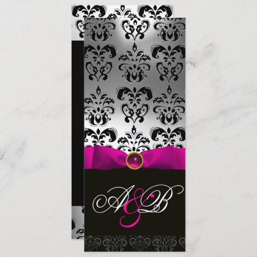 INVITATION ROSE FUCHSIA RIBBON BLANC BLACK DAMASK MONOGRAM (Devant / Derrière)