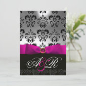 INVITATION ROSE FUCHSIA RIBBON BLANC BLACK DAMASK MONOGRAM (Debout devant)