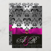 INVITATION ROSE FUCHSIA RIBBON BLANC BLACK DAMASK MONOGRAM (Devant / Derrière)