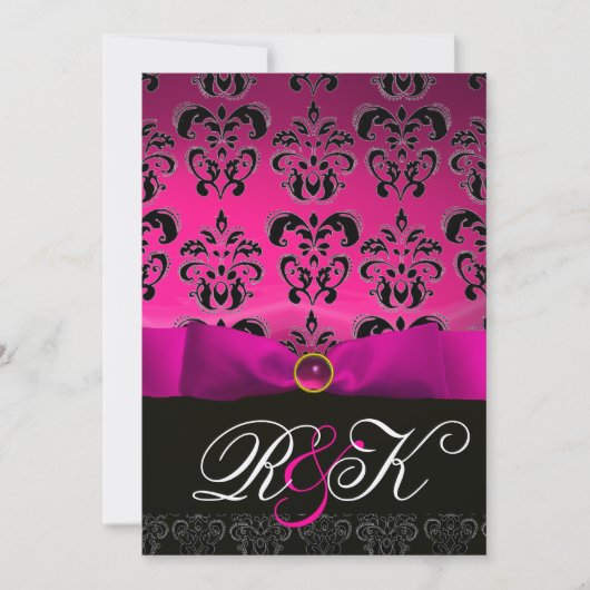 INVITATION ROSE FUCHSIA RIBBON BLANC BLACK DAMASK MONOGRAM (Devant)