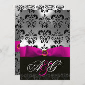 INVITATION ROSE FUCHSIA RIBBON BLANC BLACK DAMASK MONOGRAM (Devant / Derrière)