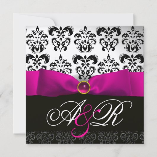 INVITATION ROSE FUCHSIA RIBBON BLANC BLACK DAMASK MONOGRAM (Devant)