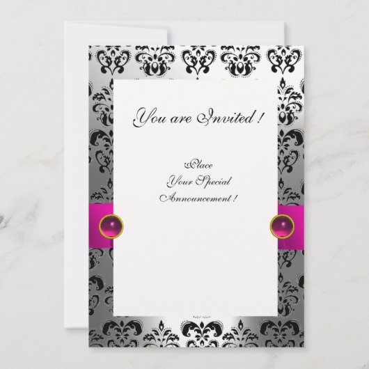 INVITATION ROSE FUCHSIA RIBBON BLANC BLACK DAMASK MONOGRAM (Dos)