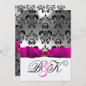 INVITATION ROSE FUCHSIA RIBBON BLANC BLACK DAMASK MONOGRAM (Devant / Derrière)