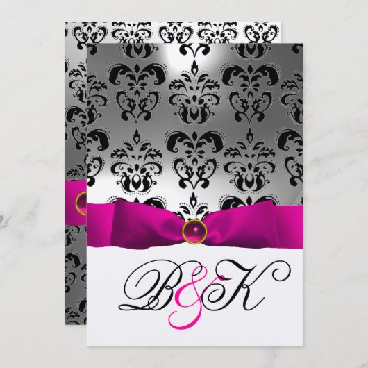 INVITATION ROSE FUCHSIA RIBBON BLANC BLACK DAMASK MONOGRAM (Devant / Derrière)