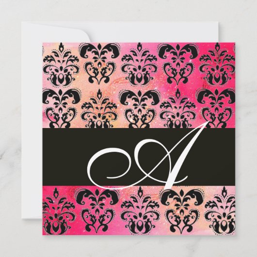Invitation ROSE FUCHSIA ROUGE NOIR DAMAS MONOGRAMME, blanc (Devant)