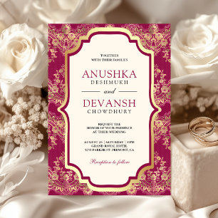Invitation Rose Fuschia Or Lace Dorée Mariage Indien