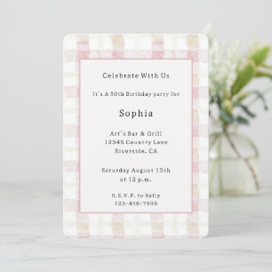 Invitation Rose gênant Blanc Crème Carreaux Rayures Anniversa