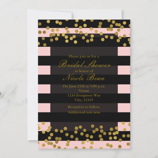Invitation Rose gêné & Rayures noires points de feuille d'or (Devant)