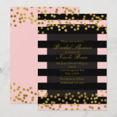Invitation Rose gêné & Rayures noires points de feuille d'or (Devant / Derrière)