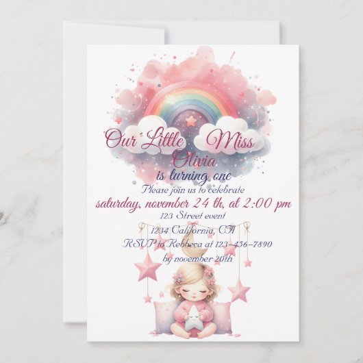 Invitation Rose Girl Rainbow Star Anniversaire (Devant)