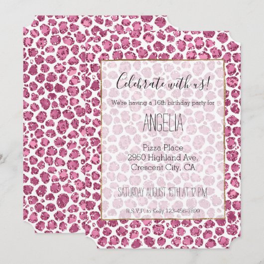 Invitation Rose girly blanc pailleté imprimé léopard   (Devant / Derrière)