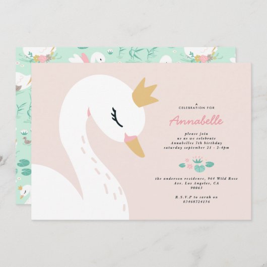 Invitation Rose girly élégant mignon belle cygne enfants (Devant / Derrière)