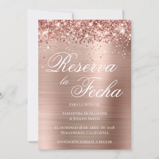 Invitation Rose Glitter Gold Foil Photo Reserva La Fecha (Devant)