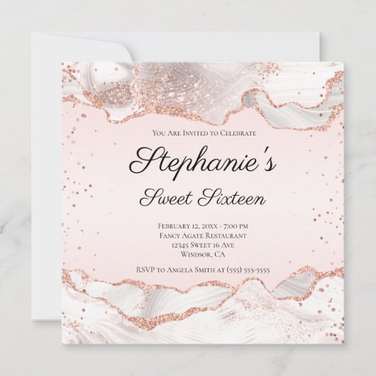 Invitation Rose Glittery Or Blanc Agate Blush Sweet sixteen (Devant)