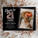 Invitation Rose Gold 21st Birthday Photo<br><div class="desc">Élégante invitation de fête de vingt et unième anniversaire avec un arrière - plan noir tendance qui peut être changée à n'importe quelle couleur, une photo de la fille / garçon anniversaire, parties scintillant brillante or rose, vingt et un ballon d'hélium d'or rose, et un modèle de texte de célébration...</div>