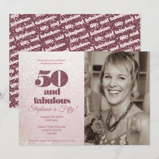 Invitation Rose Gold 50 et fabuleux Elégant Cinquante Anniver (Devant / Derrière)