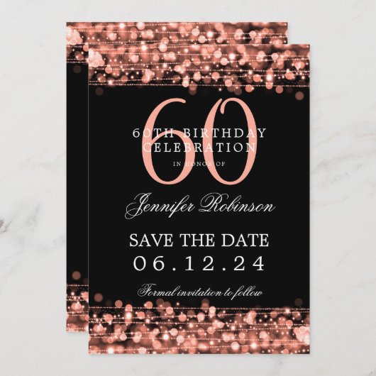 Invitation Rose Gold 60th Birthday Enregistrer la date avec l (Devant / Derrière)