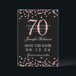 Invitation Rose Gold 70th Birthday Save Date Confetti Black<br><div class="desc">Elégant design "70th Birthday Party" avec faux confetti de parties scintillant et texte de détails. Facile à utiliser et facile à personnaliser. Commandez aujourd'hui !</div>