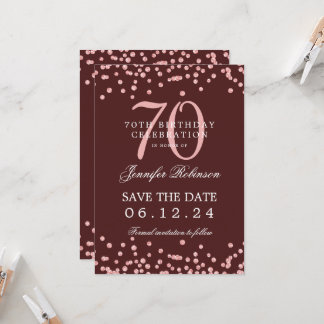 Invitation Rose Gold 70th Birthday Save Date Détails Bourgogn