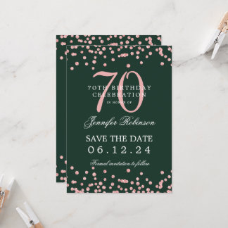 Invitation Rose Gold 70th Birthday Save Date Détails Vert