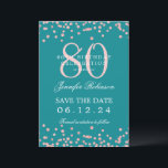 Invitation Rose Gold 80th Birthday Save Date Détails Turquois<br><div class="desc">Elégant design "70th Birthday Party" avec faux confettis de parties scintillant & détails texte. Facile à utiliser et facile à personnaliser. Commandez aujourd'hui !</div>
