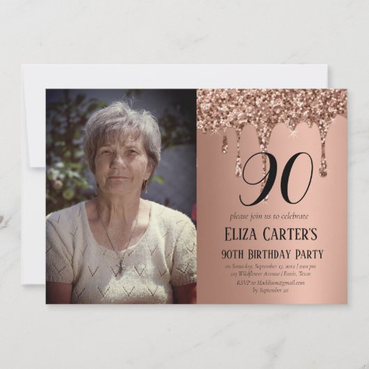 Invitation Rose Gold 90th 90th Drip Elegant Anniversaire (Devant)