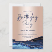 Invitation Rose Gold Agate Marine Bleu Anniversaire N'importe (Devant)
