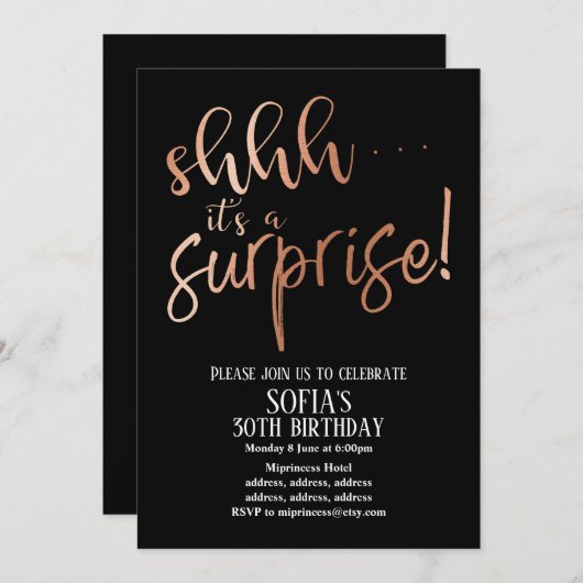 Invitation Rose Gold Aluminium , chut c'est une fête Surprise (Devant / Derrière)
