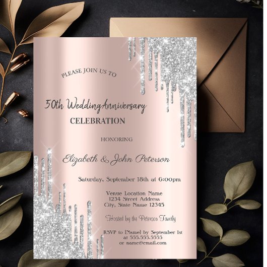 Invitation Rose Gold Anniversaire de Mariage Gouttes de Paill