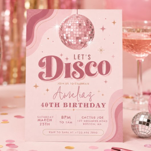 Invitation Rose Gold Anniversaire Rétro Disco