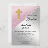 Invitation Rose Gold Argent Metallic & Perles Baptême (Devant)